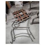Two decorative metal patio chairs - one partially assembled to show how they go together.  Have all pieces for 2 chairs. One chair needs a strap replaced on the seat.  Minor patina at some of the join