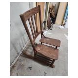 Vintage Wooden Rocking Chair with broken seat - 16.5W x 27D x 34H. Seat height 14 - should be able to repair by removing middle board and reinserting appropriately