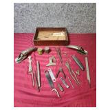 Traditional Woodworking Hand Tools in Wooden Box - metal can tappers, file, nut wrenches, box knife, and more. Includes 2 tiny vintage tin cans filled with nails/staples