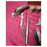 Traditional Woodworking Hand Tools in Wooden Box - metal can tappers, file, nut wrenches, box knife, and more. Includes 2 tiny vintage tin cans filled with nails/staples