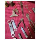 Traditional Woodworking Hand Tools in Wooden Box - metal can tappers, file, nut wrenches, box knife, and more. Includes 2 tiny vintage tin cans filled with nails/staples