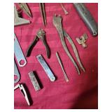 Traditional Woodworking Hand Tools in Wooden Box - metal can tappers, file, nut wrenches, box knife, and more. Includes 2 tiny vintage tin cans filled with nails/staples