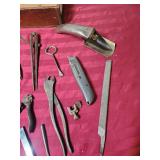 Traditional Woodworking Hand Tools in Wooden Box - metal can tappers, file, nut wrenches, box knife, and more. Includes 2 tiny vintage tin cans filled with nails/staples