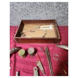 Traditional Woodworking Hand Tools in Wooden Box - metal can tappers, file, nut wrenches, box knife, and more. Includes 2 tiny vintage tin cans filled with nails/staples