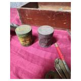 Traditional Woodworking Hand Tools in Wooden Box - metal can tappers, file, nut wrenches, box knife, and more. Includes 2 tiny vintage tin cans filled with nails/staples