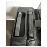 Ascot Carry-on Luggage on Wheels with telescoping handle with button activation - 15" W x 10" D x 22" H - Good clean condition.  has 2 gold locks on the zippers but no keys