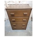 Vintage 4 drawer wood dresser - has integrity issues and has a very slight wobble, would need significant repair. Drawers all function well. 24 W x 14 D x 36.5 H. Has some spots on finish on front (mi