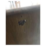 Vintage 4 drawer wood dresser - has integrity issues and has a very slight wobble, would need significant repair. Drawers all function well. 24 W x 14 D x 36.5 H. Has some spots on finish on front (mi