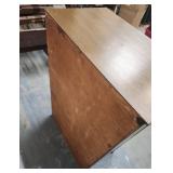 Vintage 4 drawer wood dresser - has integrity issues and has a very slight wobble, would need significant repair. Drawers all function well. 24 W x 14 D x 36.5 H. Has some spots on finish on front (mi
