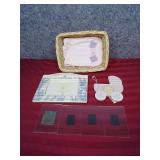Grandmother themed and Baby Carriage themed picture frames, small wicker basket, like new pink burp rag, and 4 small magnetic photo frames for your fridge!