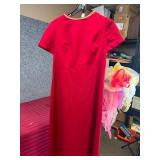 2 Vintage dresses with 7 bright colored scarves. Vintage Anthony Richards Dress Coat and a handmade Red Evening Dress with Gold Trim (no sizes - look to be about sz 6-8)