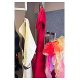 2 Vintage dresses with 7 bright colored scarves. Vintage Anthony Richards Dress Coat and a handmade Red Evening Dress with Gold Trim (no sizes - look to be about sz 6-8)