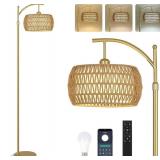 Modern Boho Arc Floor Lamp with Rattan Shade - Missing Remotes - Retail: $65