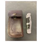 Handmade folding knife locking back leather sleeve pouch holster 7 inch long