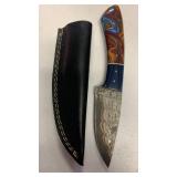 Handcrafted Copper Damascus Steel Hunting fishing full tang Knife with leather sheath approx 9 inches
