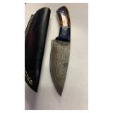 Handcrafted Copper Damascus Steel Hunting fishing full tang Knife with leather sheath approx 9 inches