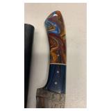 Handcrafted Copper Damascus Steel Hunting fishing full tang Knife with leather sheath approx 9 inches