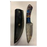 Handcrafted Copper Damascus Steel Hunting fishing full tang Knife with leather sheath approx 9 inches