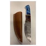 Handcrafted Damascus Steel Hunting fishing full tang Knife with leather sheath approx 8 inches