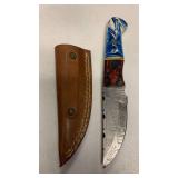 Handcrafted Damascus Steel Hunting fishing full tang Knife with leather sheath approx 8 inches