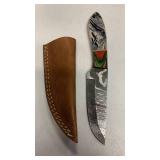 Handcrafted Damascus Steel Hunting fishing full tang Knife with leather sheath approx 8.5 inches