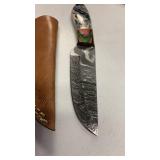 Handcrafted Damascus Steel Hunting fishing full tang Knife with leather sheath approx 8.5 inches