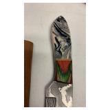 Handcrafted Damascus Steel Hunting fishing full tang Knife with leather sheath approx 8.5 inches