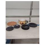 Country Rooster Tea Cup and Saucer Set with Checkered Pattern and dishes