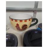 Country Rooster Tea Cup and Saucer Set with Checkered Pattern and dishes
