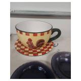 Country Rooster Tea Cup and Saucer Set with Checkered Pattern and dishes