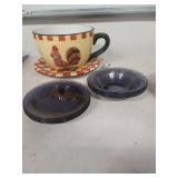 Country Rooster Tea Cup and Saucer Set with Checkered Pattern and dishes
