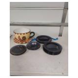 Country Rooster Tea Cup and Saucer Set with Checkered Pattern and dishes