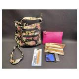FLORAL SHOULDER STRAP BAG WITH MAKE UP SAMPLES AND EYE MASKS WITH PINK LEATHER MAKE UP BAG WITH MANICURE SET