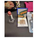 FLORAL SHOULDER STRAP BAG WITH MAKE UP SAMPLES AND EYE MASKS WITH PINK LEATHER MAKE UP BAG WITH MANICURE SET