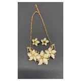 Gold Tone Floral Necklace and Earring Set Enamel, Rhinestones and Gilt.