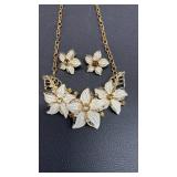 Gold Tone Floral Necklace and Earring Set Enamel, Rhinestones and Gilt.