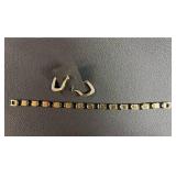 Gold and Black Two-Tone Link Bracelet with Rhinestone Gold Tone Hoop Earrings