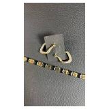 Gold and Black Two-Tone Link Bracelet with Rhinestone Gold Tone Hoop Earrings
