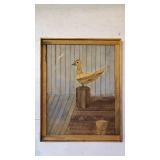 Handcrafted wooden wall art featuring a stylized seagull design. Three-dimensional effect created with stepped wooden blocks. Framed ready to hang. 31 inches by 24 inches