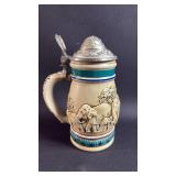 Avon 1990 Decorative Elephant Scene Beer Stein with Lid. Approximately 5.5 inches tall