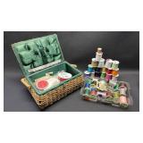 Vintage Sewing Basket with Thread and Notions