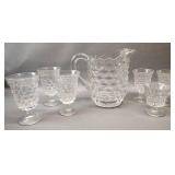 FOSTORIA AMERICAN CLEAR LOW WATER GOBLETS AND PITCHER WITH CUBIST PATTERN