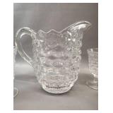 FOSTORIA AMERICAN CLEAR LOW WATER GOBLETS AND PITCHER WITH CUBIST PATTERN