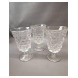 FOSTORIA AMERICAN CLEAR LOW WATER GOBLETS AND PITCHER WITH CUBIST PATTERN