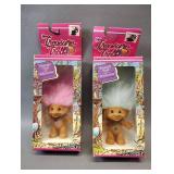 VINTAGE TREASURE TROLLS WITH WISH STONES IN ORIGINAL PACKAGING FEATURES BLUE AND PINK