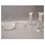 Cube Pattern Ashtray and Lidded Cigarette Box with Set of 2 Clear Glass Candle Stick Holders