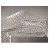 Cube Pattern Ashtray and Lidded Cigarette Box with Set of 2 Clear Glass Candle Stick Holders