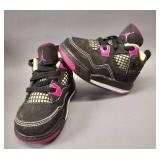 Air Jordan 4 Retro infant/toddler shoes in a black, fuchsia flash, and liquid lime color scheme. Size 5c