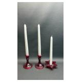 Ruby Red Glass Candlestick/Holder ( Candles not Included )