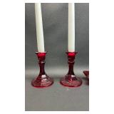 Ruby Red Glass Candlestick/Holder ( Candles not Included )